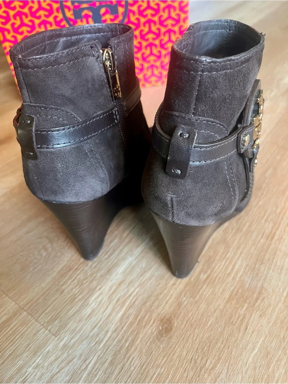 Tory Burch Dark Brown Suede Wedge Ankle Boots with Gold Logo